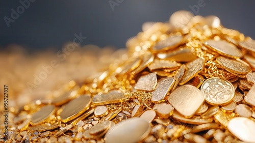 A pile of gold jewelry glowing under soft light, gold jewelry collection, luxurious wealth
