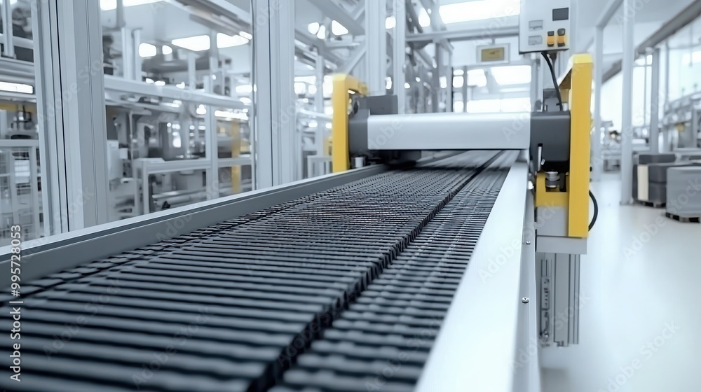 A close-up view of a modern conveyor belt system in a factory, showcasing precision engineering and industrial efficiency. A close-up view of a modern conveyor belt system in a factory, showcasing precision engineering and industrial efficiency.