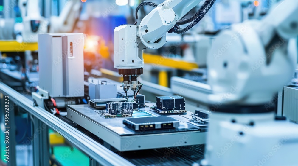 Obraz premium A modern industrial robot arm assembling electronic components on a production line in a factory setting.