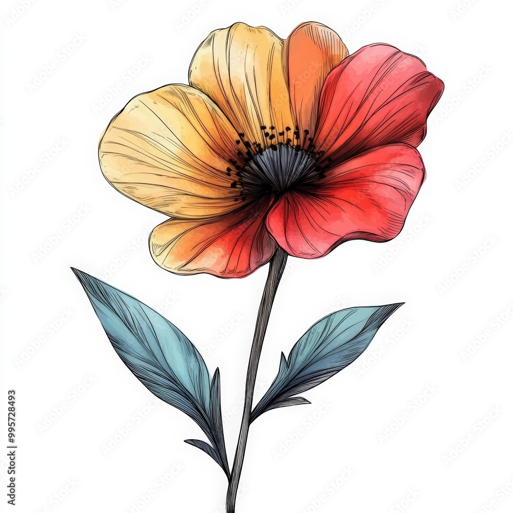Colorful flower illustration with vibrant petals and green leaves. Colorful flower illustration with vibrant petals and green leaves.