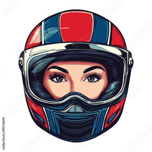 vintage smiling female biker with helmet and goggles vector logo design on white background