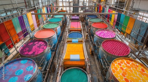 A vibrant textile dyeing factory showcasing colorful fabrics and dye baths in a well-organized industrial setting.