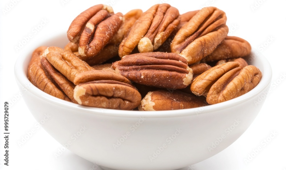Fresh Pecans in a White Bowl on a Plain Background Highlighting Their Rich Texture and Color Fresh Pecans in a White Bowl on a Plain Background Highlighting Their Rich Texture and Color