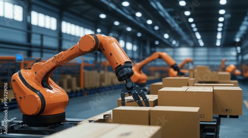 Wallpaper Mural Advanced robotic arm operates in a large warehouse, efficiently managing packages for streamlined logistics and distribution. Torontodigital.ca