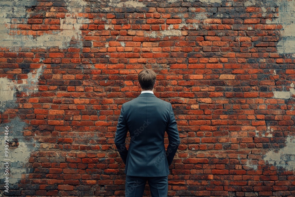 Facing a brick wall concept with business man facing a huge bricks wall. Facing a brick wall concept with business man facing a huge bricks wall.