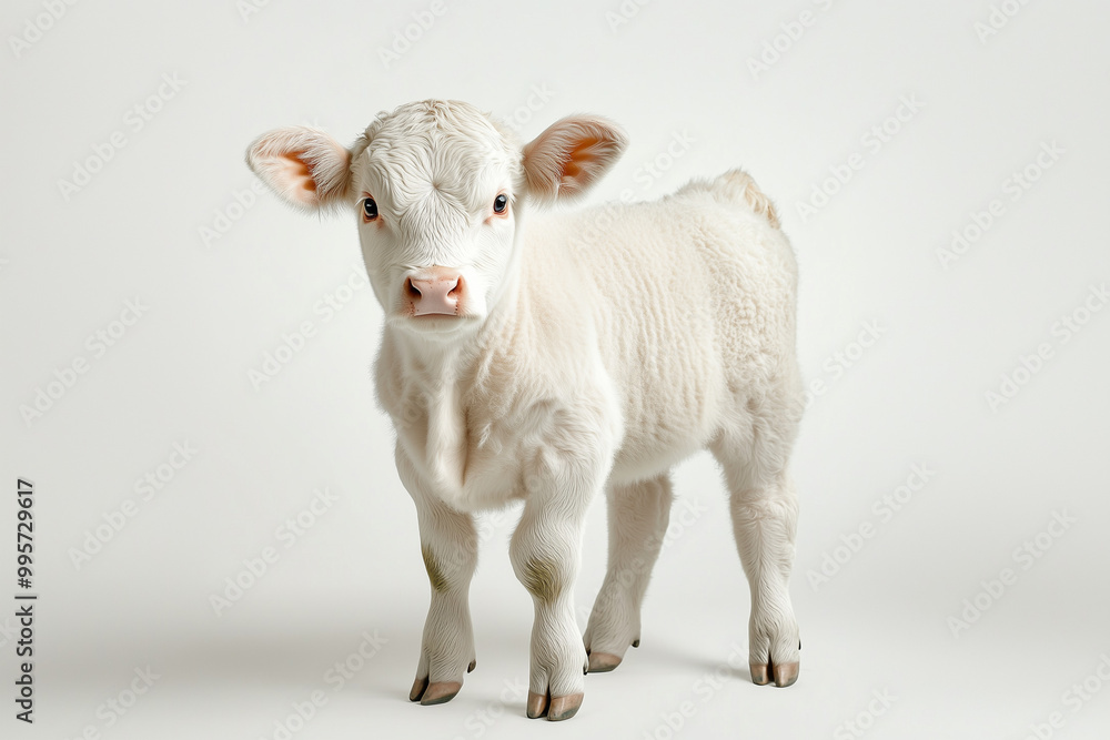 Obraz premium White Calf with Erect Ears A white calf standing upright with its ears alert, giving it a curious and attentive appearance.