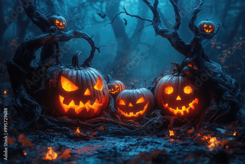 A collection of glowing carved pumpkins with various spooky faces sits amidst twisted trees and mist in a dark forest at twilight