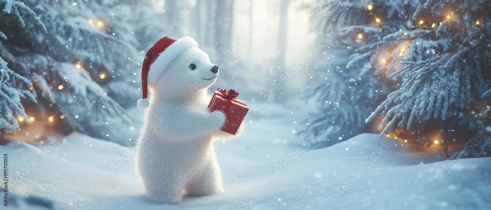 Obraz premium Close Side Shot of a Fluffy Cute Little Polar Bear Wearing a Christmas Hat, Holding a Gift Near a Snow-Covered Winter Forest Path with Christmas Trees and Blinking Lights in a Fairy Tale Atmosphere