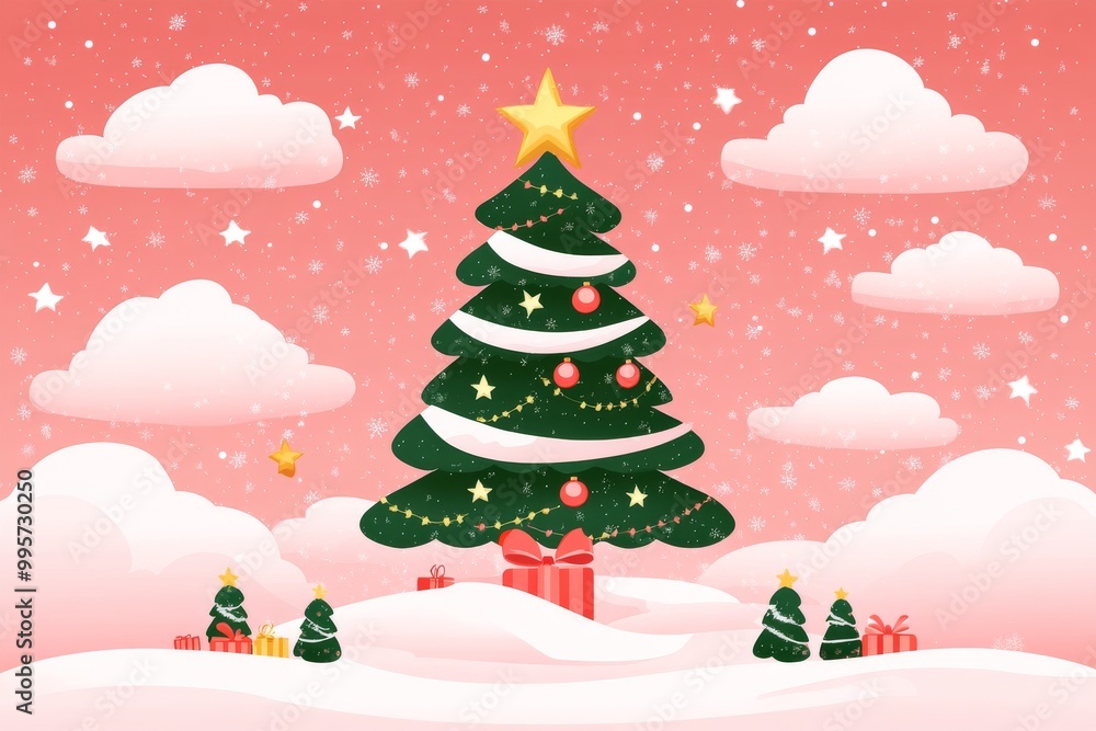 Obraz premium Cute illustrated Christmas tree on a snowy hill surrounded by playful clouds with colorful ornaments and a festive star evoking a whimsical and cheerful holiday spirit