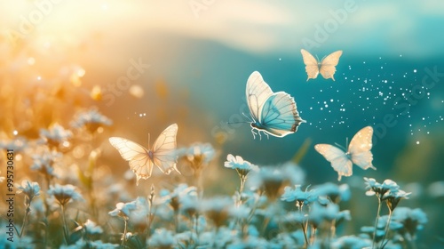 Wallpaper Mural In a tranquil natural setting, vibrant butterfly flutter amidst lush greenery, illuminated by soft sunlight, creating an enchanting atmosphere filled with silvery sparkles. Torontodigital.ca