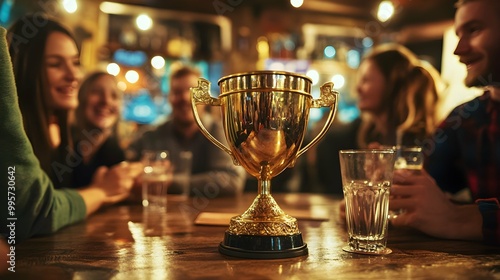 Gold Trophy Cup on Table at Bar with Friends Celebrating. photo