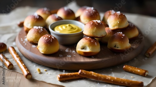 Homemade salty pretzel bites served with a tangy mustard dipping sauce on a rustic wooden board. 