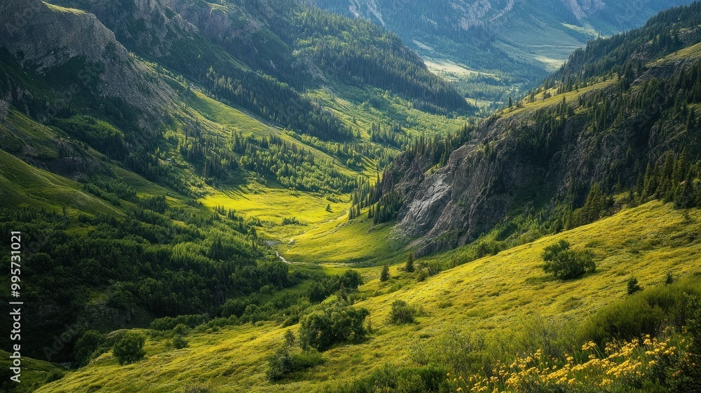 A vibrant view of a mountain valley with lush green hills and trees, showcasing the beauty of nature. A vibrant view of a mountain valley with lush green hills and trees, showcasing the beauty of nature.