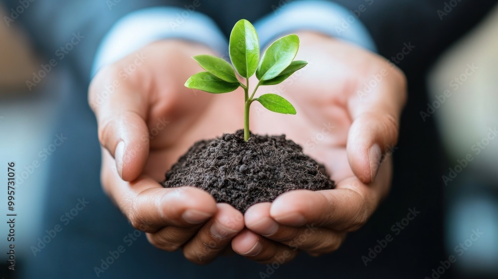 A person in a business suit is holding a small mound of soil with a young green plant sprouting from it, symbolizing growth and sustainability. A person in a business suit is holding a small mound of soil with a young green plant sprouting from it, symbolizing growth and sustainability.