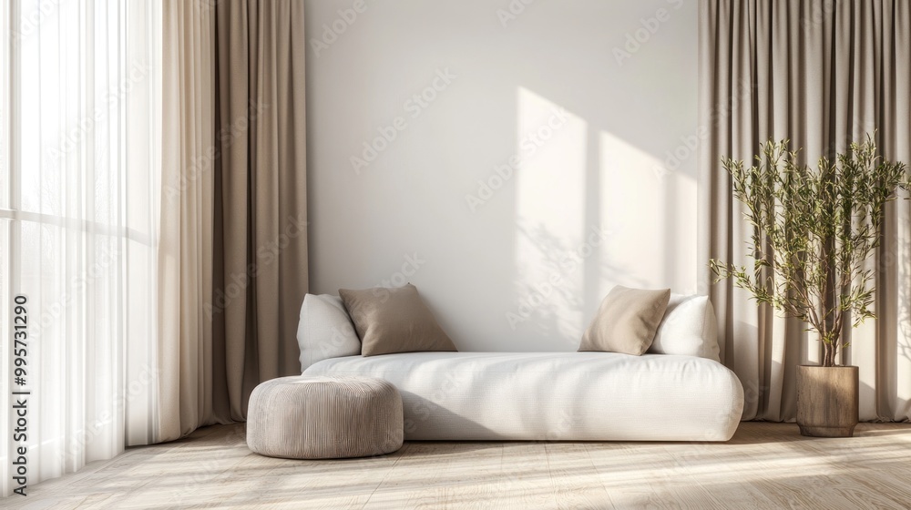 Fototapeta premium A minimalist living room interior featuring a white sofa with soft cushions, a potted plant, a wooden floor and a large window with natural sunlight. The room is decorated in a clean and simple style.