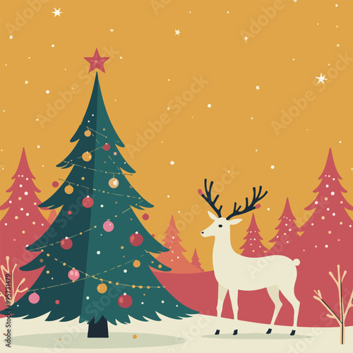 Reindeer and Decorated Christmas Trees