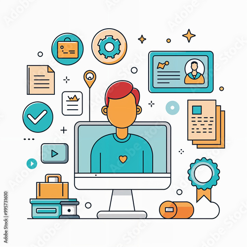 flat colored outline icon around shapes computer book room office