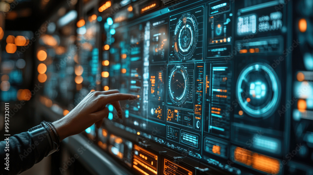 Naklejka premium A person is engaging with an advanced control panel, surrounded by vibrant data visuals and glowing elements in a modern environment