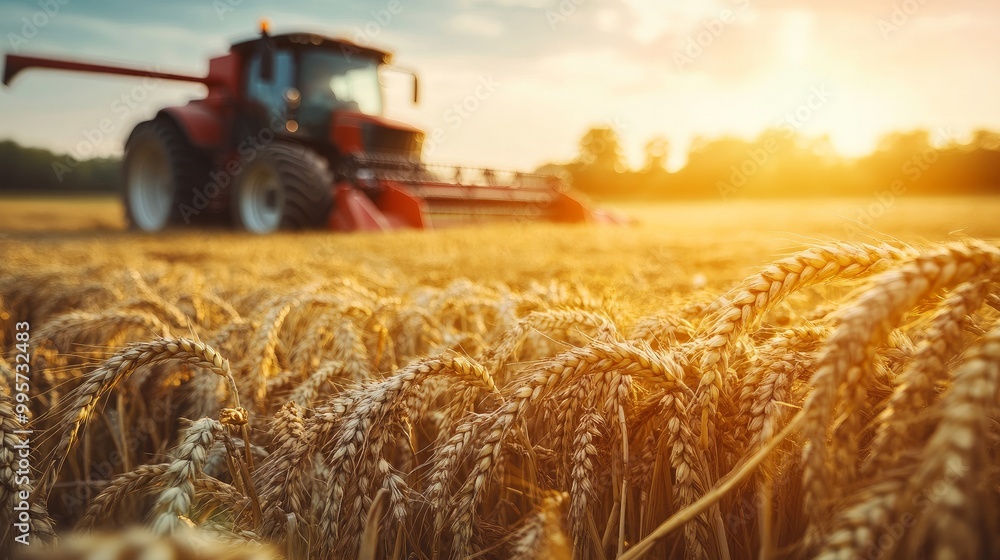 selective focus on wheat on a farm with a tractor and combine harvester in the backdrop that is hazy. selective focus on wheat on a farm with a tractor and combine harvester in the backdrop that is hazy.