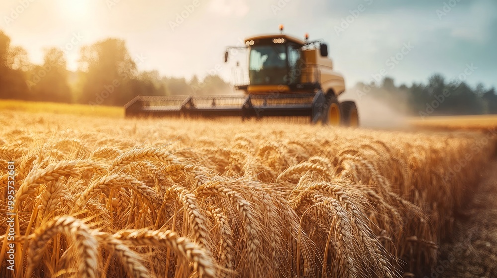 selective focus on wheat on a farm with a tractor and combine harvester in the backdrop that is hazy. selective focus on wheat on a farm with a tractor and combine harvester in the backdrop that is hazy.