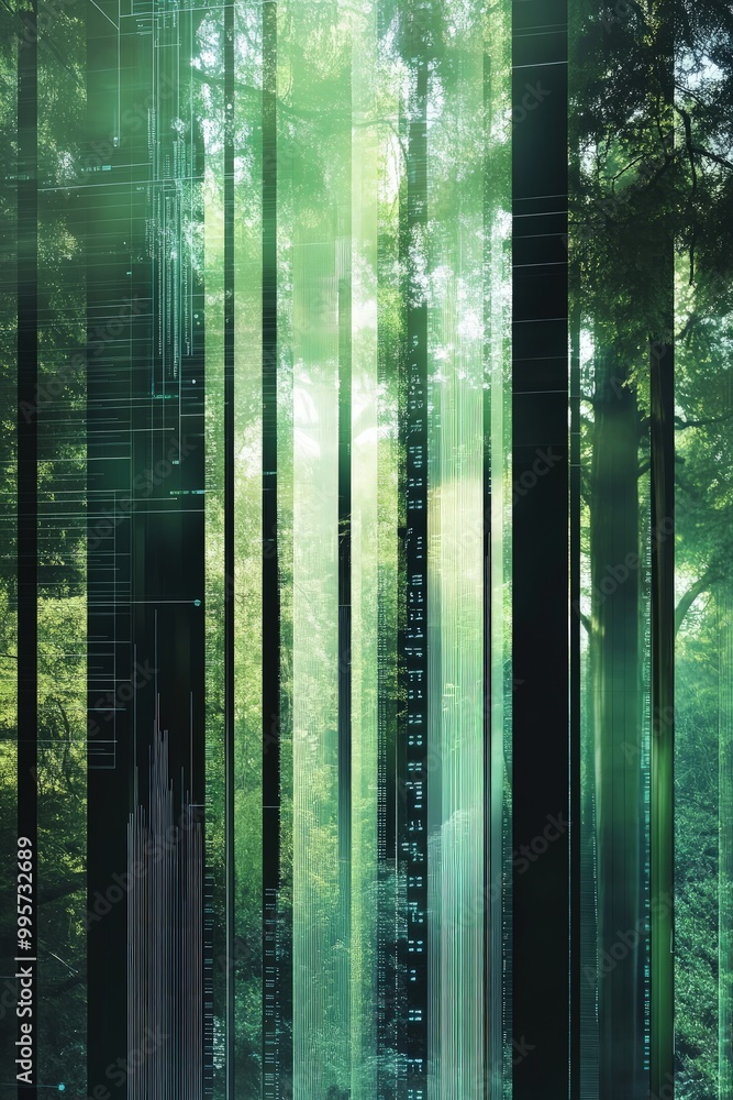 Fototapeta premium Abstract digital forest with vertical lines representing trees, blending nature and technology in a fusion of natural and technological themes