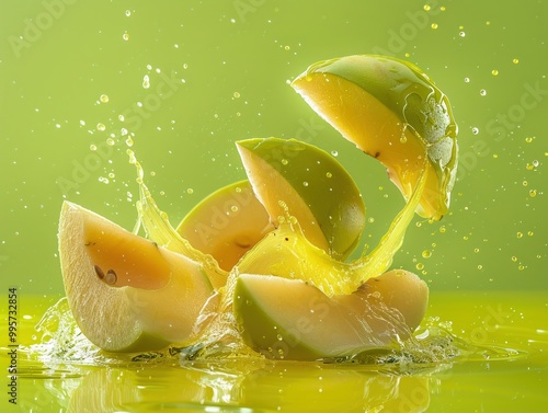 Levitating and splashing pear slices separated photo