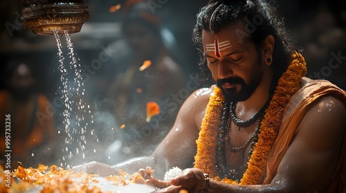 Brahmin Priest Performing Abhishekam Ritual with Sacred Water Milk and Flowers photo