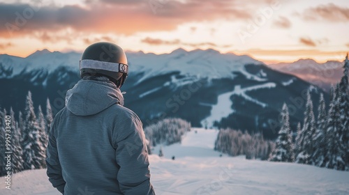 Snowboarder in grey, ready to descend, facing majestic snow-covered mountains at sunset, embodying tranquility and adventure.