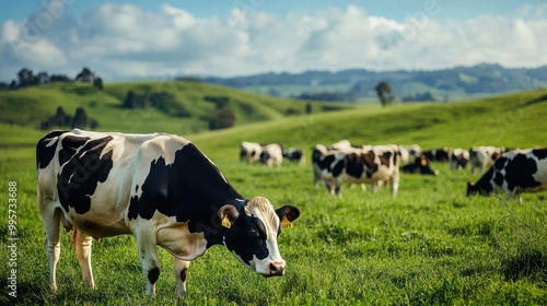 Pastoral Countryside with Grazing Dairy Cows in Lush Green Field