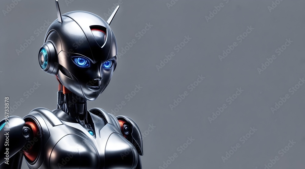 The image shows a robot with a metallic body and blue eyes, it has a silver and black color scheme The image shows a robot with a metallic body and blue eyes, it has a silver and black color scheme
