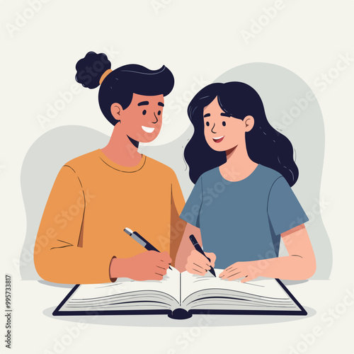 Two girls are studying together while reading.