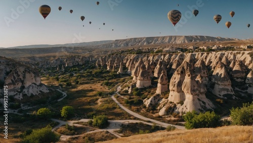 A sea of hot air balloons fills the early morning sky over Cappadocia, creating a breathtaking view photo