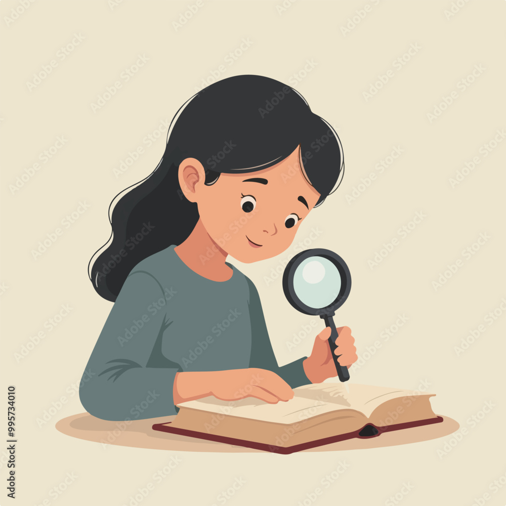 Curious Girl Reading with Magnifying Glass Curious Girl Reading with Magnifying Glass
