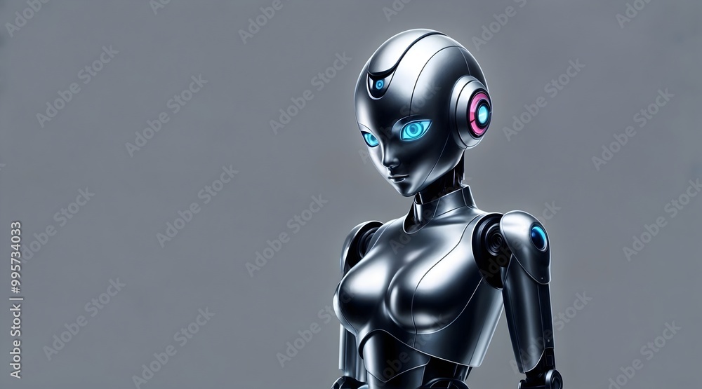 Naklejka premium The image shows a humanoid robot with a smooth silver body, large glowing blue eyes on a gray background, 3d render of a robot