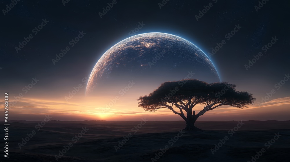 A lone tree stands on a field at sunset with a large, blue planet rising in the distance. A lone tree stands on a field at sunset with a large, blue planet rising in the distance.