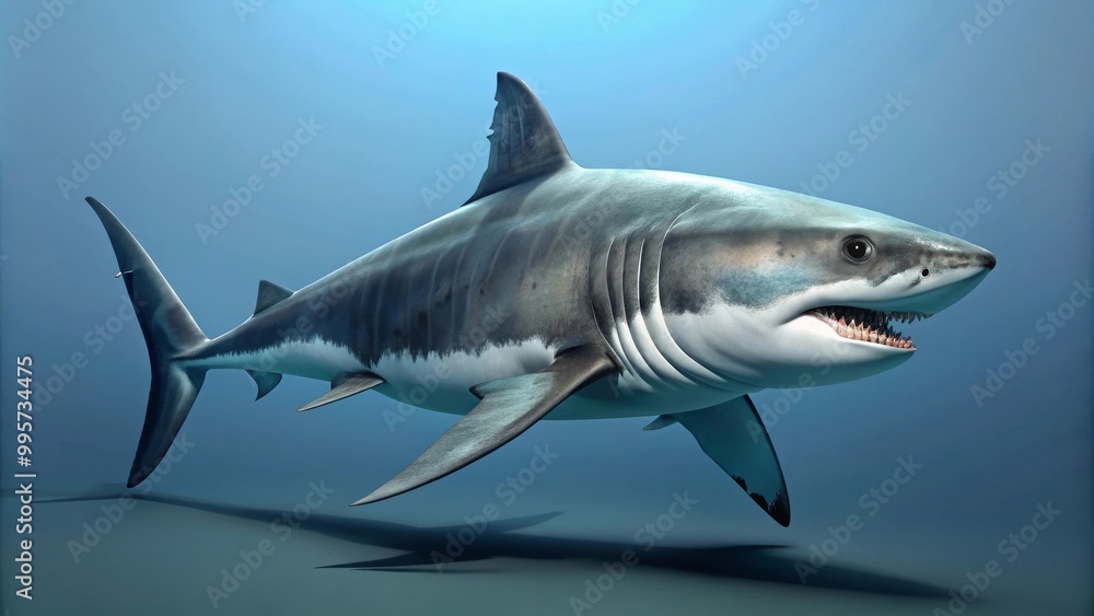 Fototapeta premium Great white shark swimming peacefully in the deep blue water