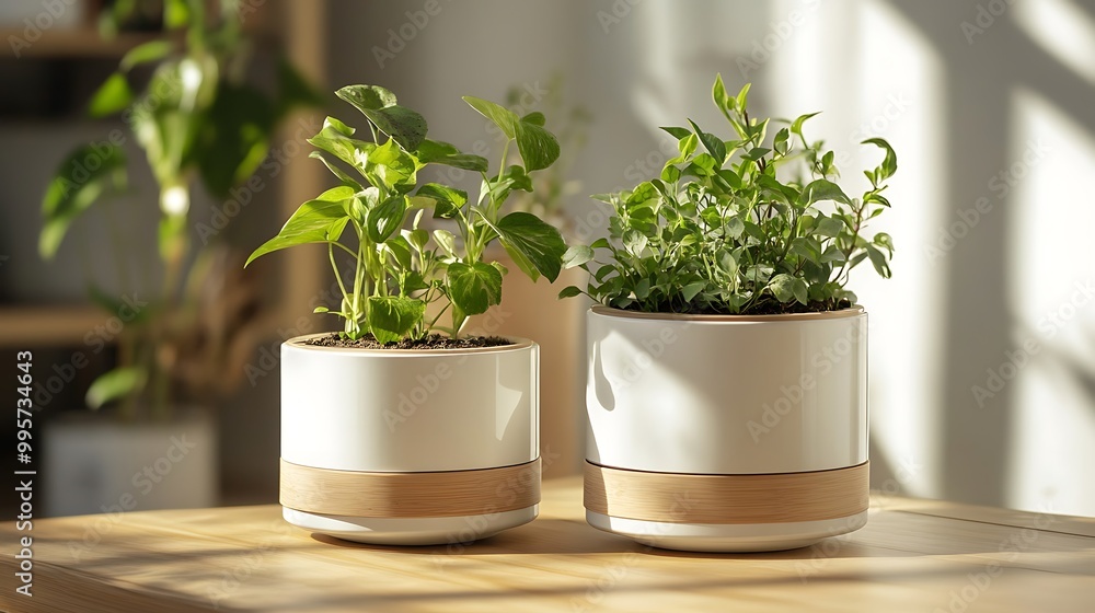 Two potted plants with green leaves in white pots with wooden accents on a wooden table. Two potted plants with green leaves in white pots with wooden accents on a wooden table.