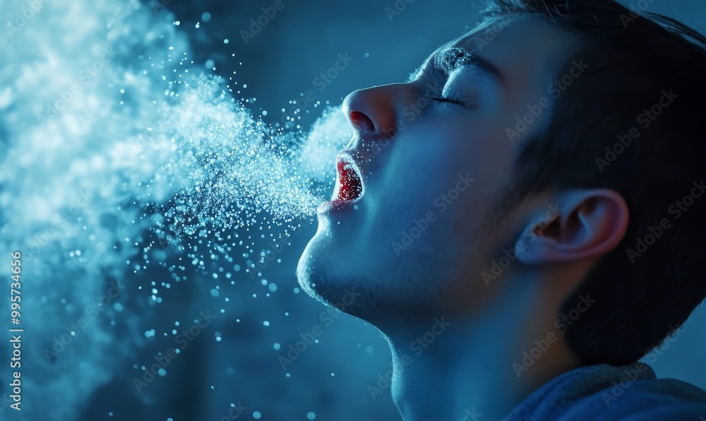 A man exhales smoke into a blue background. A man exhales smoke into a blue background.