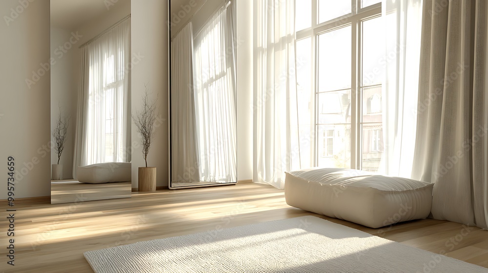 Fototapeta premium Minimalist Living Room with Large Windows and Sunbeams.