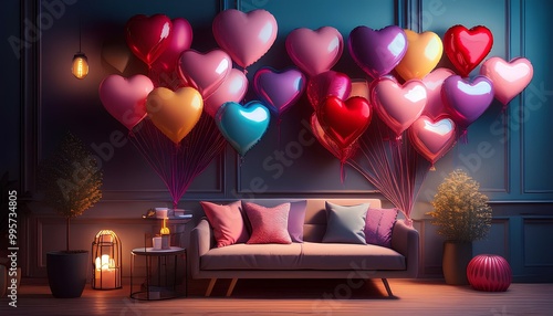  Vibrant heart balloons in a cozy room setting, romantic valentine's day party concept