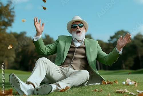 Elderly golf spectator falling down on fairway at golfing tournament laughing. Green jacket glasses and hat. Sunny day in autumn.