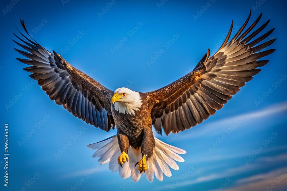 Obraz premium The eagle ascends high against a brilliant blue sky, its expansive wings stretched wide, symbolizing grace and power