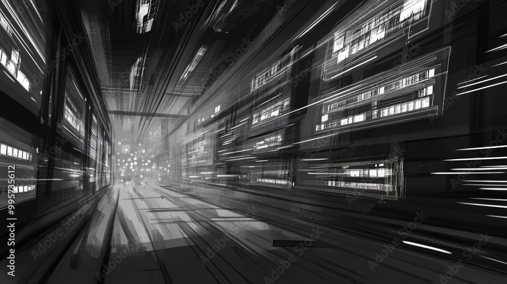 Cinematic storyboard sketch featuring extreme close-up shots of blinking computer data lights rendered in a cartoon style with pencil strokes Cinematic storyboard sketch featuring extreme close-up shots of blinking computer data lights rendered in a cartoon style with pencil strokes