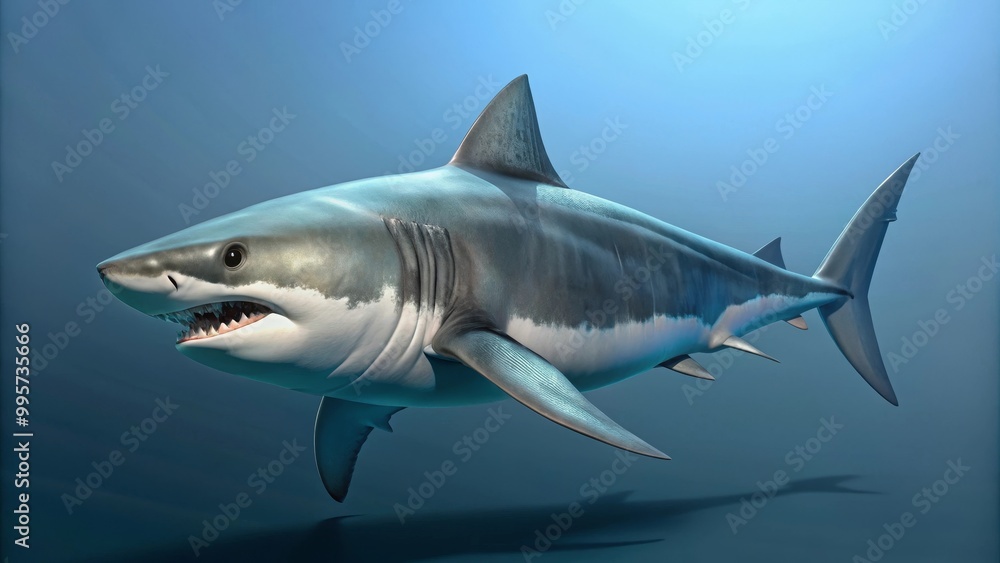 Naklejka premium Great white shark swimming peacefully in the deep blue water