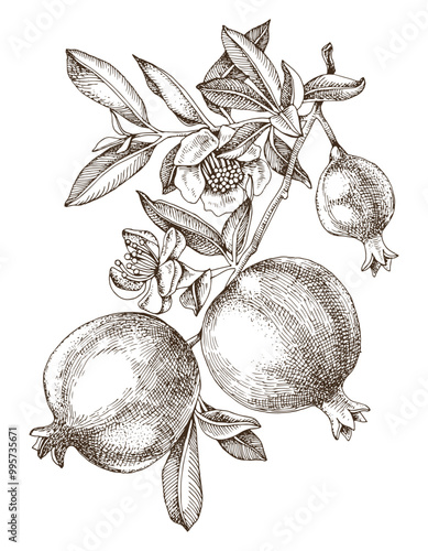 Pomegranate branch hand drawn vector illustration