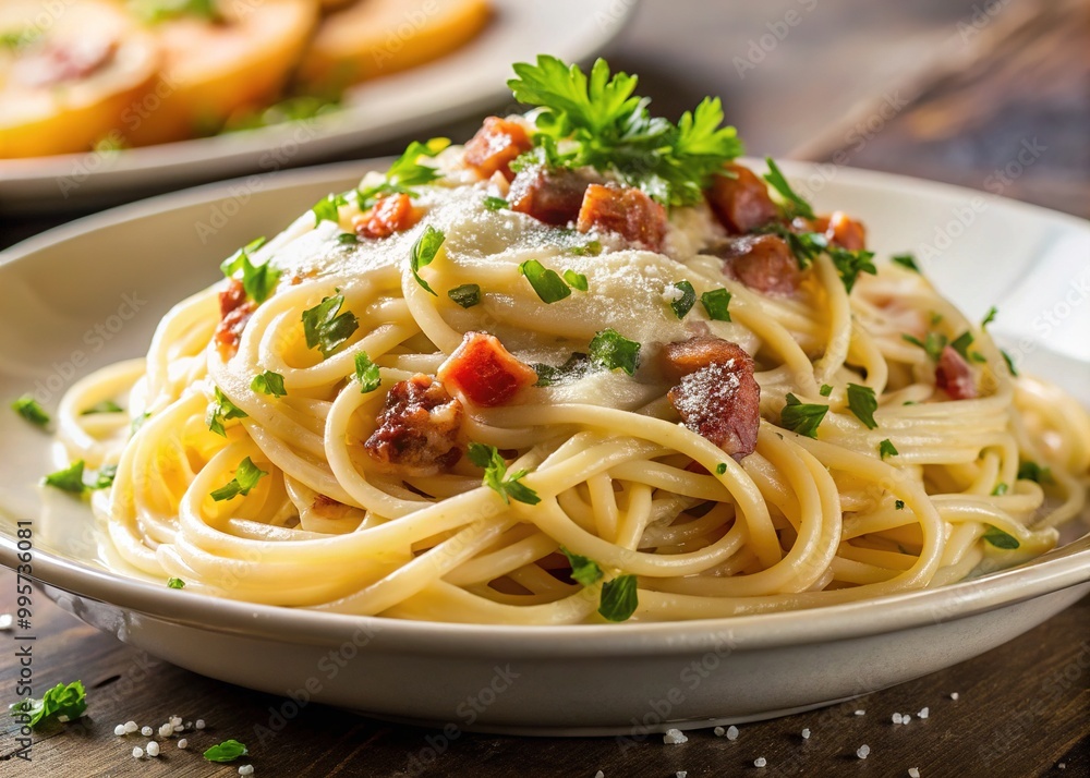 A close-up reveals the twisted strands of spaghetti coated in a rich, creamy sauce infused with the savory flavor of crispy pancetta and melted parmesan cheese. A close-up reveals the twisted strands of spaghetti coated in a rich, creamy sauce infused with the savory flavor of crispy pancetta and melted parmesan cheese.
