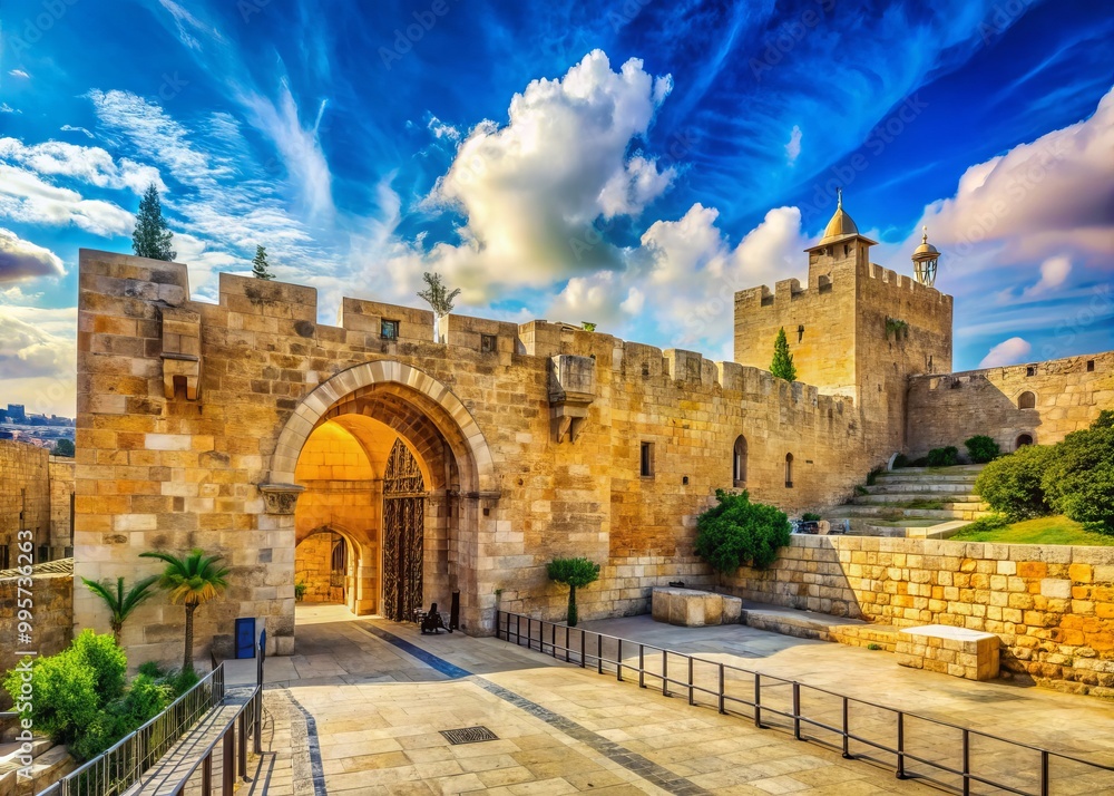 Obraz premium The grand gates of Jerusalem stand surrounded by rich historic architecture, illuminated by a sunny day, under a