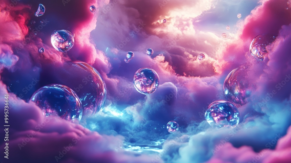A surreal scene of water droplets under clouds, set against a glowing futuristic background filled with vibrant colors and digital textures A surreal scene of water droplets under clouds, set against a glowing futuristic background filled with vibrant colors and digital textures