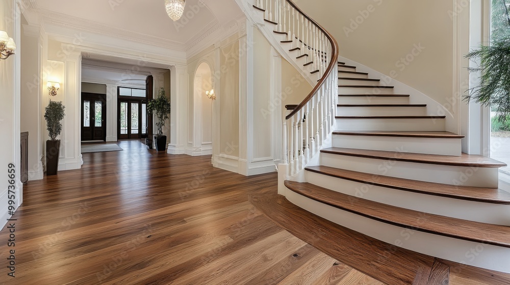 Obraz premium Elegant wooden staircase showcasing intricate handrails in a luxurious home setting with warm lighting