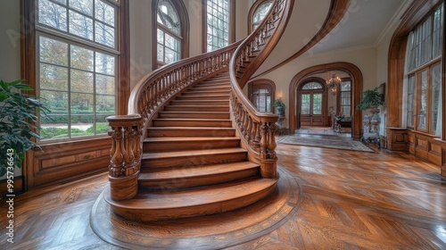 Elegant wooden staircase showcasing intricate handrails in a luxurious home setting with warm lighting